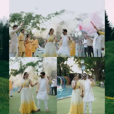 A collage capturing the fun and energy of a Haldi ceremony. We used colored smoke to add a dramatic and festive flair to the couple's celebration with their friends.