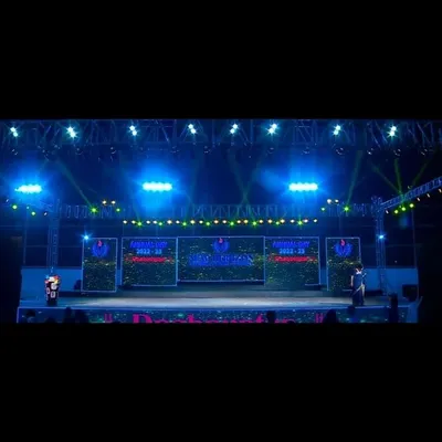 We provide complete technical production for large events like school annual days. This includes a wide stage with multiple LED screens, a professional lighting rig, and sound systems to support the performances.