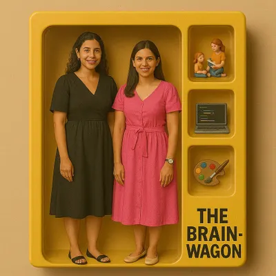 This is us, The Brain Wagon. This creative image captures me and my co-founder, along with the core elements of our program: storytelling, coding, and art.