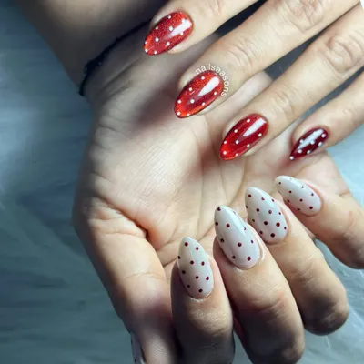 It's officially polka dot season. This fun design alternates between a sheer red jelly polish with white dots and a white base with red dots.