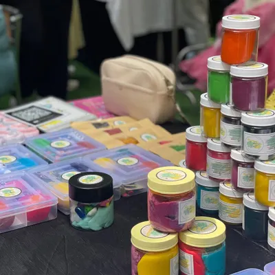 A colorful tower of play-dough from one of our creative vendors. I love bringing in brands that offer safe, non-toxic, and vibrant materials for endless hours of sensory fun.