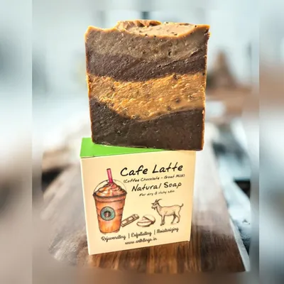 A close-up of our new cold-process Café Latte Soap, now richer and more nourishing. Made with coffee, chocolate, and goat milk, this bar is perfect for dry and itchy skin.