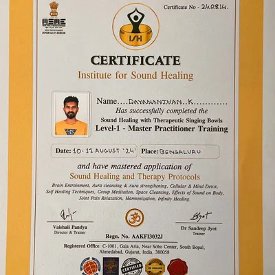 My certificate from the Institute for Sound Healing. This represents my successful completion of the Level 1 Master Practitioner Training, where I mastered the application of sound healing and therapy protocols.