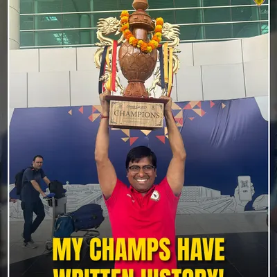 "My champs have written history!" Our President, Anuj Gupta, holding the Climate Cup trophy. This victory is a culmination of years of hard work and belief in our young players.