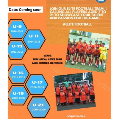 Your journey to elite football starts here. This flyer details our Elite Team Selection for various age groups from U-9 to U-21, with opportunities to play in the Youth Premier League and international tours.