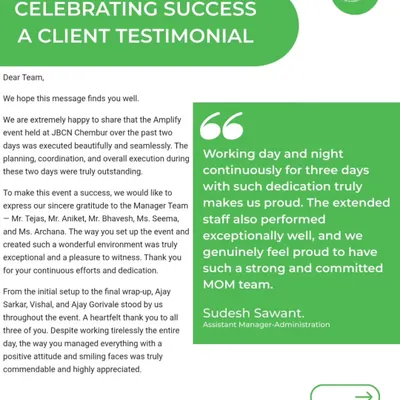 I am grateful for this feedback from the JBCN Group. It highlights my team's dedication, coordination, and seamless execution during a three-day event, proving that my success is built on strong systems.