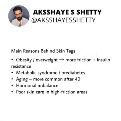 The main reasons behind skin tags are often related to metabolic health. Obesity, insulin resistance, metabolic syndrome, and hormonal imbalances are common underlying factors.