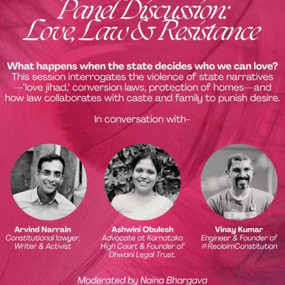 We host critical conversations like this panel discussion on 'Love, Law & Resistance'. Our space is a venue for public dialogue on important social issues, featuring activists, lawyers, and writers.