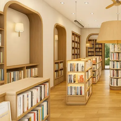An overview of the library at Queen's College, Indore, showcasing the organized flow of the space. Arched niches, low-profile shelving, and an oversized pendant light create a harmonious and visually interesting environment for learning.
