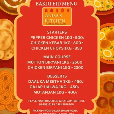 Our special menu for Bakri Eid, featuring starters like Pepper Chicken, main courses like Mutton Biryani, and classic desserts such as Daal ka Meetha.