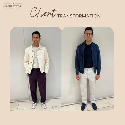Here's another look from my client Karan's transformation. We swapped out a casual jacket for a structured bomber and traded baggy trousers for crisp white pants. This simple change creates a much sharper, more put-together casual look.