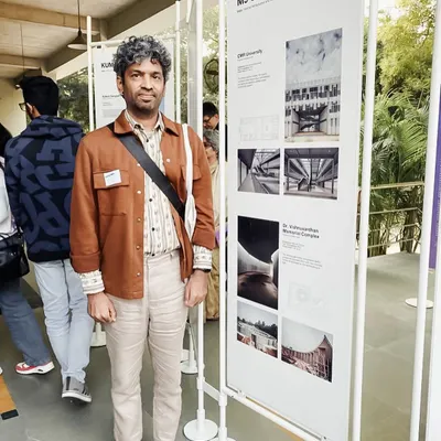 We were honored to have our work included in a multi year research project and book by Harvard GSD and the Mittal Institute, featuring influential young design studios across South Asia. This image shows our principal architect at the exhibition, standing beside a display of our key projects.