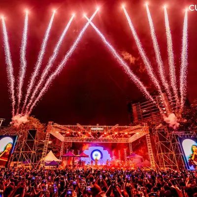A view of the massive stage setup for the Sanjith Hegde concert. We handle everything from the structural rigging and sound systems to the synchronized pyrotechnics that light up the night sky.