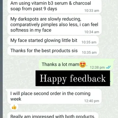 In just nine days, this customer noticed their dark spots reducing and skin feeling softer after using the Vitamin B3 serum and charcoal soap. It's wonderful to hear that my products are helping them get a little glow.