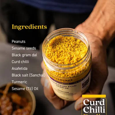 Here are the pure, natural ingredients that make my Curd Chilli Podi so unique. It's a traditional blend of peanuts, sesame seeds, dals, and sun-dried curd chillies, all ground together to create a tangy, spicy powder.