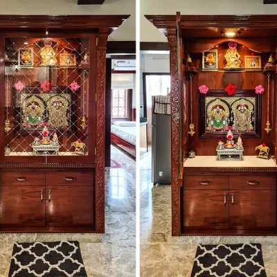 This before-and-after view shows a magnificent traditional pooja unit with its doors closed and open. The exterior features ornate carvings and diamond-patterned glass, while the interior reveals a well-lit marble platform for deities, creating a dedicated and divine space.