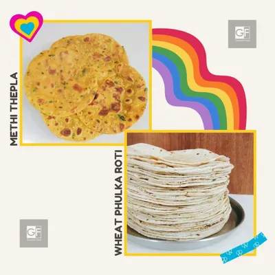On the left, you can see my popular Methi Thepla, and on the right is a stack of soft, homemade Wheat Phulka Rotis. Both are perfect companions to any sabzi or curry.