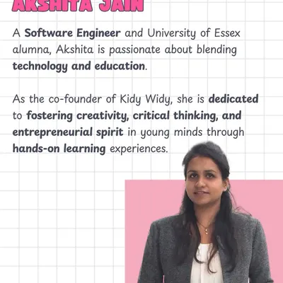 Meet Akshita Jain, our co-founder and a software engineer passionate about blending technology with education. She is dedicated to fostering creativity and critical thinking through our hands-on learning events.