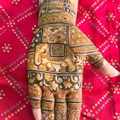 A classic design featuring a royal elephant on the palm, with a palace dome design on the wrist. The intricate filler patterns around the main motif make the hand look full and festive.