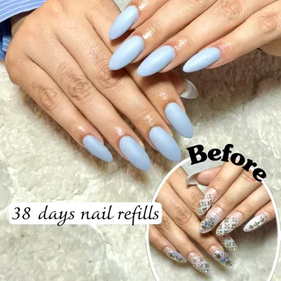 This shows the amazing durability of my work. The top image is the fresh set of matte blue nails, and the "before" inset shows the previous design after 38 days of growth with no lifting.