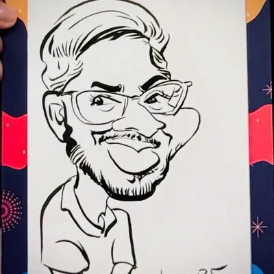 A close-up of a finished caricature from the Fractal25 corporate event. The bold lines and exaggerated features capture the guest's personality.