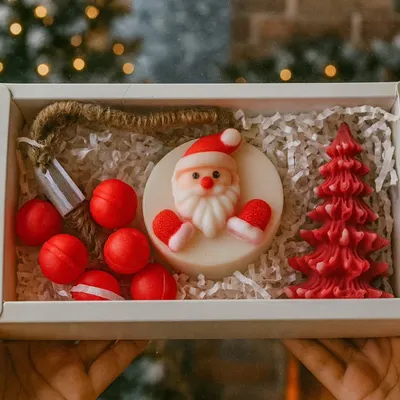 A classic Christmas gift box with a Santa soap, tree candle, and hanging grape soaps. It’s a perfect secret Santa gift.