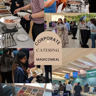A collage of our corporate catering services in action, from elegant buffet lines to guests enjoying their meals. We handle events of all sizes with professionalism and flair.