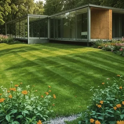 An architectural concept of a linear glass house nestled in a lush, manicured landscape. The design emphasizes transparency and a harmonious relationship with the surrounding greenery, a core principle of our garden room philosophy.