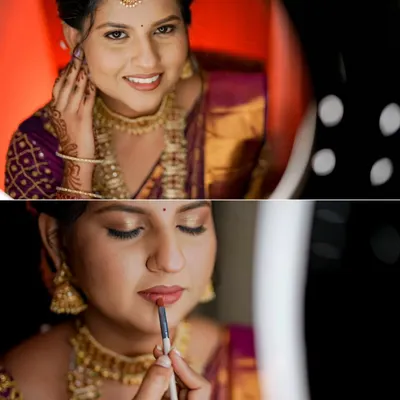 A collage capturing the bride-to-be getting ready for her engagement. The top photo shows her happy smile, while the bottom focuses on the final touches of her makeup.