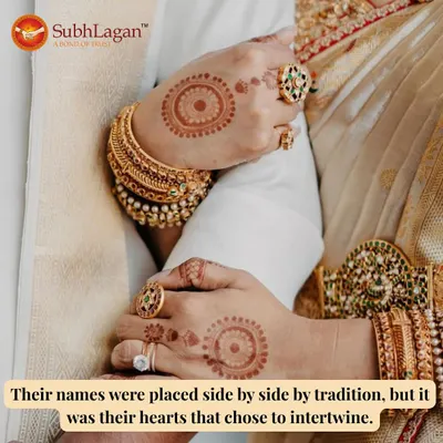 A close-up of a bride and groom's hands, showcasing her beautiful mehndi and jewelry. Tradition may place names side by side, but we help find hearts that choose to intertwine.