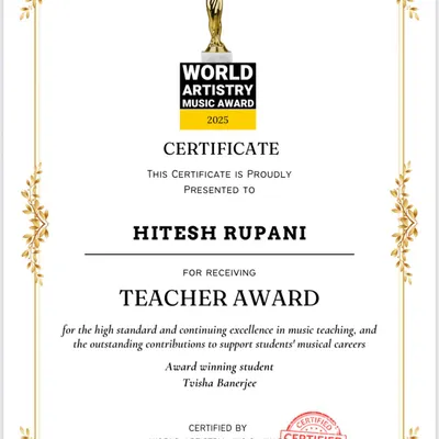 This Teacher Award from the World Artistry Music Awards is a recognition of our commitment to excellence in music teaching and our contribution to our students' musical careers.
