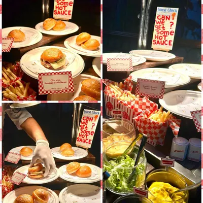 A collage capturing the dynamic atmosphere of our burger bar. From assembling the burgers to the array of fresh condiments, this shows the complete, interactive setup that gets guests excited.