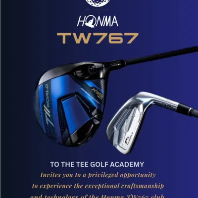 An announcement for a special fitting event with Honma, where players could experience the exceptional craftsmanship of the TW767 series clubs at our academy.