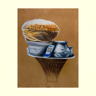 A detailed study of a Golgappa vendor's setup, drawn with colored pencils on brown paper. This piece aims to elevate a common street scene into a work of art, focusing on light, shadow, and texture.