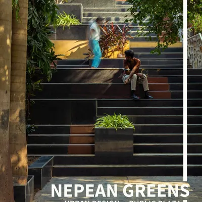 **Nepean Greens, Mumbai:** We transformed a neglected space into a vibrant, stepped public plaza. The wide platforms, created from black granite with highlights of Jaisalmer stone, invite people to sit, gather, and connect, turning a simple staircase into a community hub.
