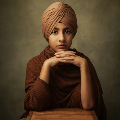 A powerful and soulful fine art portrait of a young boy. His direct gaze and the classic, painterly style create a timeless image that feels like it belongs in a gallery.