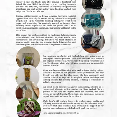 I'm so thrilled to share that my journey and work have been featured in Namya Magazine! This article celebrates one year of Eshtyles, a dream that started with my mother-in-law and has grown with your love and support.