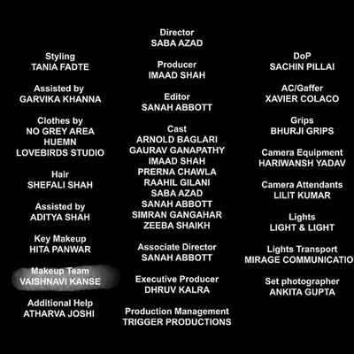 My name in the credits for the music video 'Faramōsh'. It's always a proud moment to see my work as part of a talented team on a finished project.