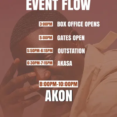 The complete event flow for the Akon concert. We provide a clear schedule, including gate opening times and performance slots for opening acts and the headliner, so you can plan your night perfectly.