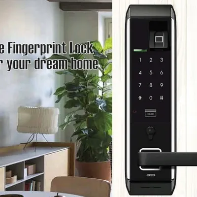 Here is a look at how our sleek, modern fingerprint lock can elevate your home's entrance. This digital lock with a handle combines high-end security with a sophisticated design, fitting perfectly into the aesthetic of a contemporary dream home.