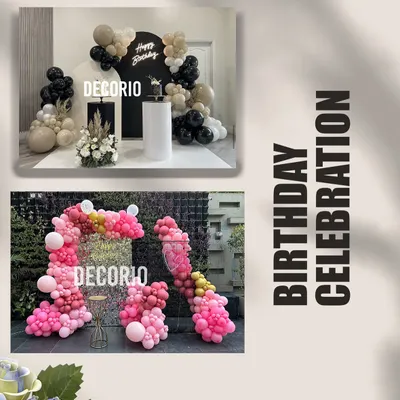 A collage showcasing two different birthday celebration styles. One is a modern black and nude theme, while the other is a vibrant and playful pink balloon arch, demonstrating my range.