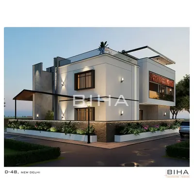 An architectural rendering of our upcoming contemporary residential project in New Delhi. The design features clean, interlocking volumes, strategic lighting, and a perimeter that blends landscaping with the structure.
