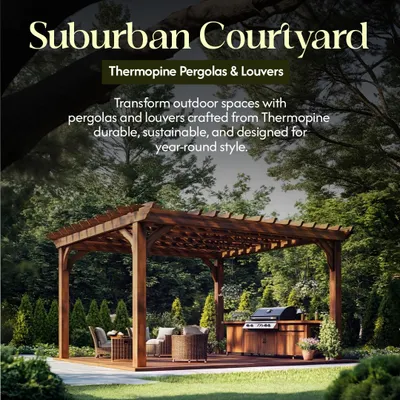 This is a classic suburban courtyard pergola we built using Thermopine. It’s designed to be durable and sustainable, creating a perfect year-round outdoor living room for grilling, dining, or just relaxing.
