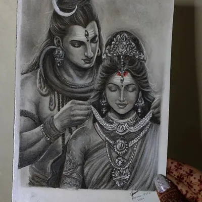 A full view of my completed Shiva and Parvati drawing, held to show its scale. This piece was created with a combination of Tombow graphite and Camlin charcoal pencils on thick Bristol paper.