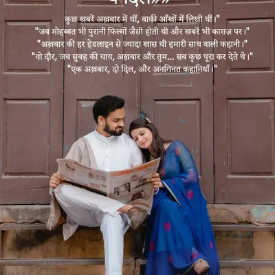 A signature shot from our "old-school romance" series. The couple shares a quiet moment over a newspaper, with Hindi poetry overlay that evokes a feeling of timeless love.