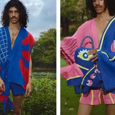 A diptych showcasing two looks from the Sazo.in campaign, featuring bold, colorful patterns in a natural, green environment. This format is ideal for lookbooks, displaying multiple outfits from a collection.