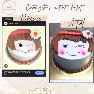 This image perfectly shows my co-creation process. A client sent me a reference photo, and I recreated the adorable winking girl design using only fresh cream and piping, delivering a healthier and tastier version without any fondant.