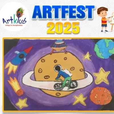 An imaginative artwork from Artfest 2025 showing an astronaut cycling on Saturn's rings. This piece wonderfully combines sports with a cosmic, outer-space theme.