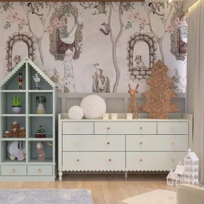 We believe storage should be part of the story. For this project, we crafted a custom house-shaped bookshelf and a scalloped dresser, turning a functional area into a whimsical play corner that encourages organization.