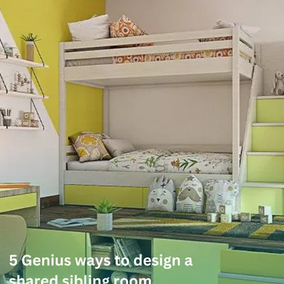 One room, two personalities, zero chaos. This image introduces five genius ways to design a shared sibling room, featuring a bunk bed in a vibrant yellow and green color scheme.
